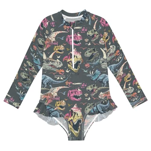 Dinosaur Skeleton Bone Girls Long Sleeve Swimsuit UPF 50+ Rashguard Swimwear One Piece Bathing Suit 21220085