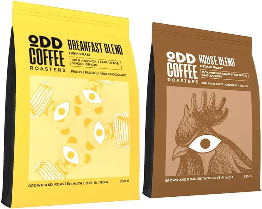 ODD COFFEE ROASTERS Speciality Coffee 250 gram each | Breakfast Blend- Light Roast Milk Chocolate | House Blend - Medium Roast - Chocolate Coffee | Pack of 2 AAA Beans