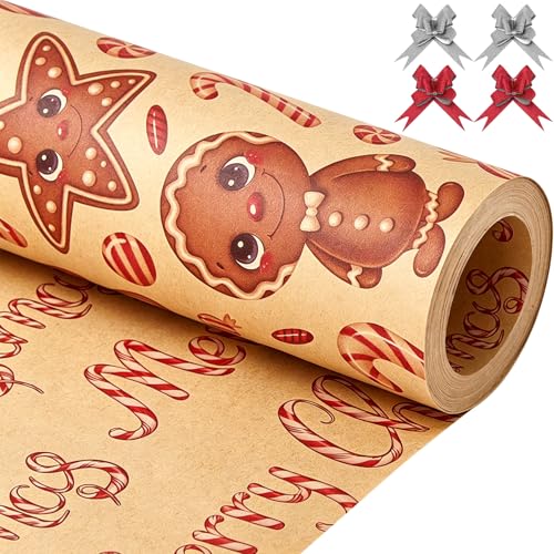 EWES Gingerbread Christmas Wrapping Paper Rolls Candy Cane Brown Gift Wrap