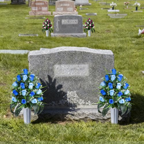 2 Sets Artificial Cemetery Flowers, Grave Decorations Roses, Memorial Flowers Bouquet with Vase for Grave Cemetery Decoration (Dark Blue&Light Blue) image 3