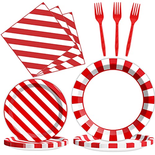 Tevxj 96PCS Red and White Tableware Set Circus Dessert Disposable Paper Plates Red Striped Party Plates Napkins Forks for Baby Shower Carnival Party Decorations Supplies 24 Guests