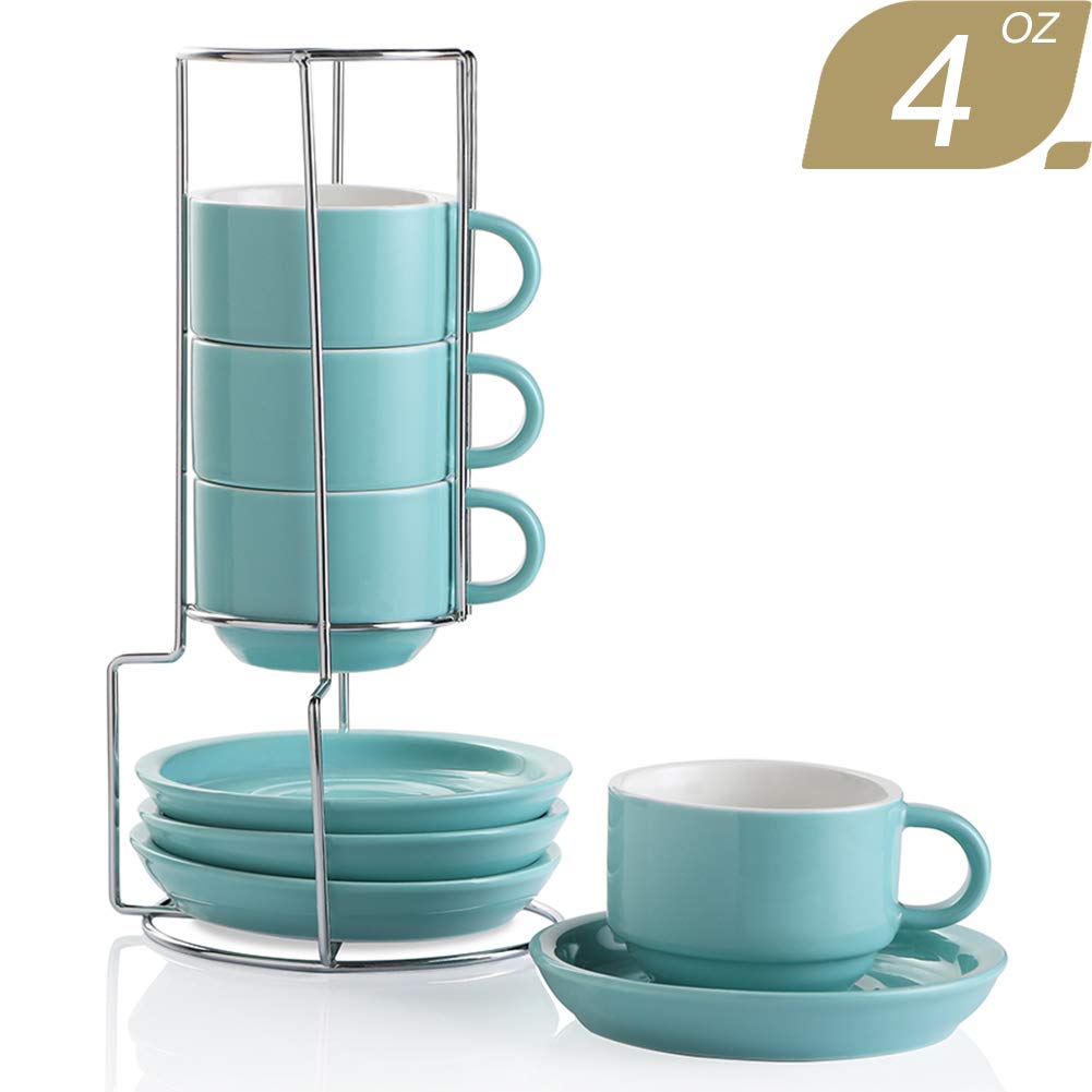 SweejarHome Porcelain Espresso Cups with Saucers, 120 ml Stackable Cappuccino Cups with Metal Stand for Coffee Drinks, Latte, Tea - Set of 4 (Turquoise)