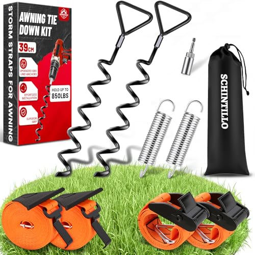 Kit D'arrimage pour Auvents Sangles Anti-tempête pour Auvents de Camping-Cars et Caravanes, Protection Anti-tempête pour Auvents avec Ancrages au Sol Spiralés de 39cm