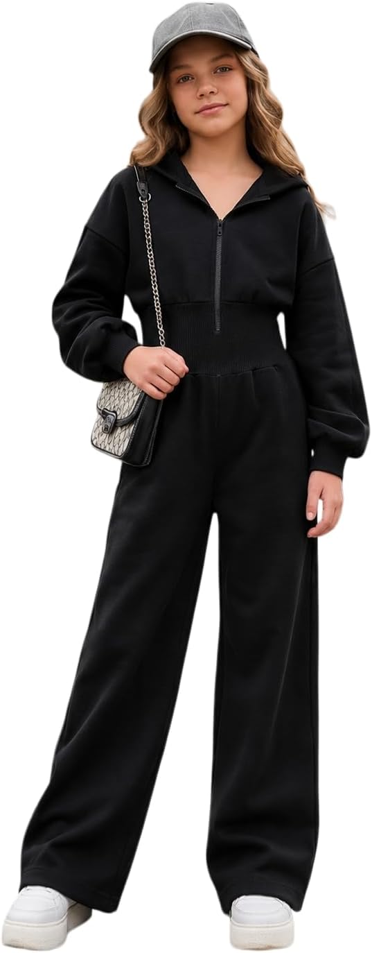Girls Hooded Jumpsuit Long Sleeve Half Zip Cinched Waist Sweatshirt Fleece Lined Romper Fall Winter Outfit