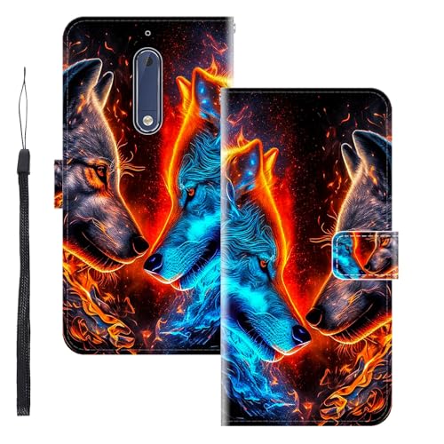 WUACYEAMING Custodia Compatibile con Nokia 5,con Slot Carte PU Pelle Portafoglio Libro Case Antiurto Bumper Motivo Magnetica Flip Protettiva Resistente Due lupi