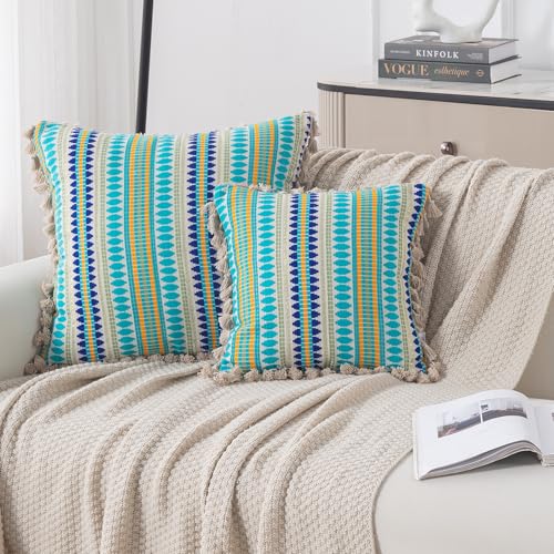 Image of HOKIPO 'Artisan Boho Series' 450 GSM Cushion Cover with Tassels | Cotton Acrylic Jacquard | 16x16 Inch (40x40 cm) | Pack of 2, Aqua Blue (IN-905-A4*2)
