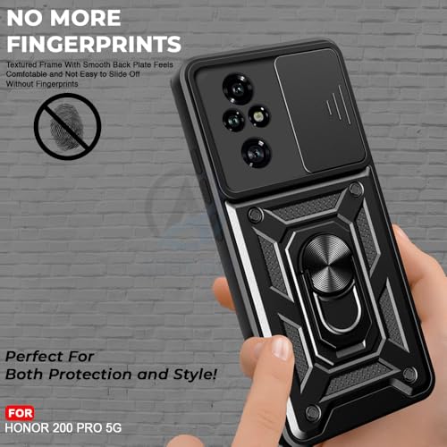 Image of AESTMO Tough Armor Honor 200 Pro 5G Bumper Back Case Cover | Ring Holder & Sliding Camera Shield Cover | 360 Degree Protection Back Case Cover for Honor 200 Pro (Black)