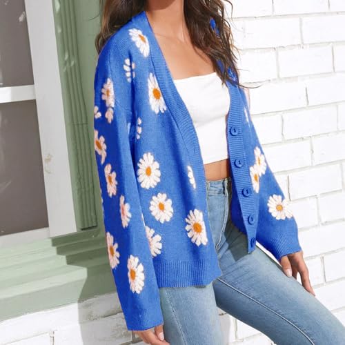 Image of Women's Long Sleeve Cardigan Sweater,Cute Y2K Top Knit Colorful Patterned V Neck Button Outwear S~XL