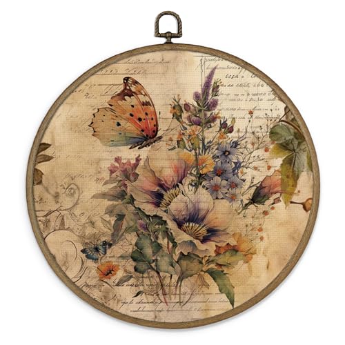 MAQIKA Farmhouse Butterfly Floral Framed Wall Art Decor, Butterfly Home Decor, Wildflower Round Wall Hanging Decor, Vintage Butterflies Canvas Prints Wall Art for Office Liviing Room, 10x10 Inch