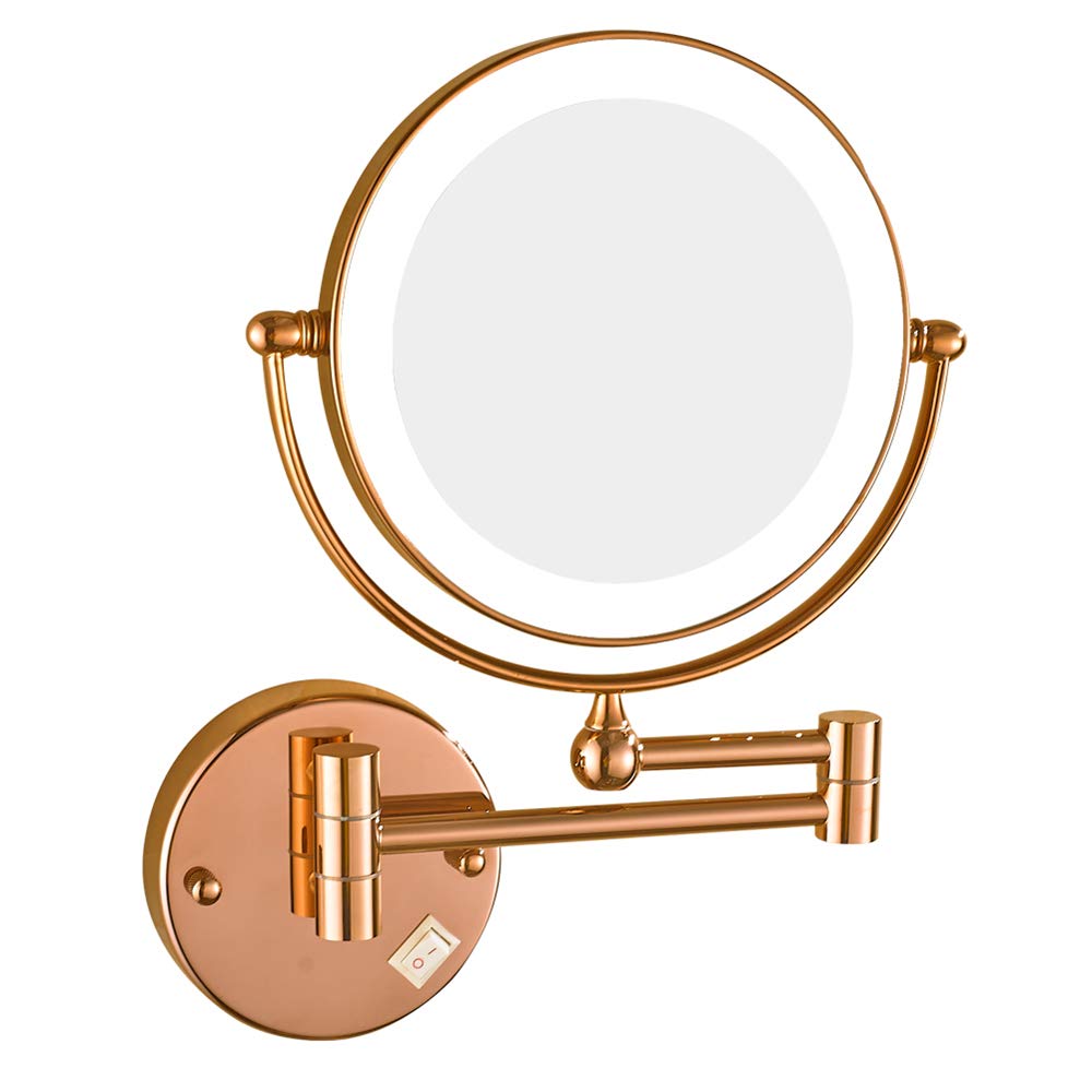 Espejo de maquillaje con luz LED montado en la pared, espejo de baño extensible de latón de doble cara de oro rosa de 8 pulgadas con aumento, con interruptor y enchufe,3x
