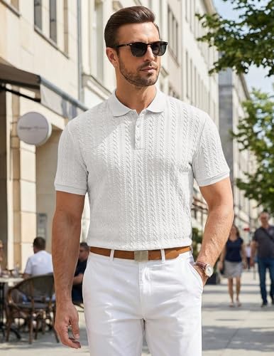 Image of JMIERR Men's Casual Polo Shirt Knitted Textured Short Sleeve Stretch Golf Shirt Summer Vacation Beach Collared Shirts
