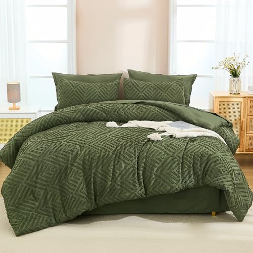 Image of Andency Super King Plus Comforter Set Olive Green - 7 Piece Bed in a Bag Oversized King, Olive Green Boho Tufted Bedding Sets, Lightweight Fluffy Bed Set with Comforter, Sheets, Pillowcases & Shams