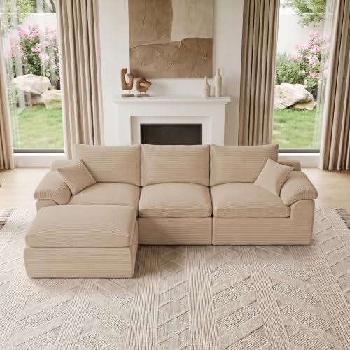 Image of Cloud Sectional Couch, Boneless Couches for Living Room, Camel | L shaped, Modular Sectional Sofa with Deep Seat & Convertible Ottoman, Built for Family Life, Apartments & Living Rooms
