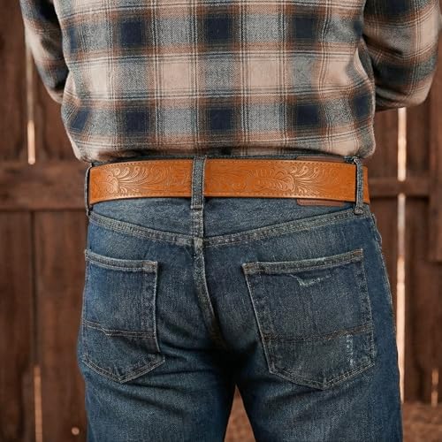 Image of BC Belts Western Leather Belt Strap - 1.5 inch Wide with Embossed Scrollwork Without Buckle for Men & Women, Cowboy /Cowgirl Style