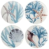 Beyond The Shore 11" Ceramic Dinner Plates β Set of 4 Assorted Coastal Designs with Shells, Starfish & Blue Marine Botanicals β Ocean-Inspired Plates for Main Courses, Seafood & Entertaining