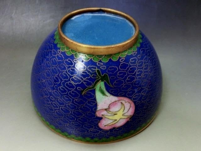 茶碗■銅胎有線七宝 藍地 七宝 朝顔 蝶紋 青 碗 ぐい呑み 古玩唐物 骨董品■ 茶碗銅胎有線七宝 藍地 七宝 朝顔 蝶紋 青 碗 ぐい呑み 古玩