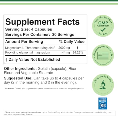 Image of Magnesium L Threonate Capsules - High Absorption Generic Supplement - Most Bioavailable Form - 2,000 mg - 100 Capsules