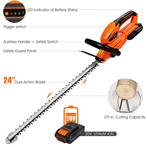 Goplus 20V Cordless Hedge Trimmer w/ 24-Inch Dual Action Blade, Battery Powered Gardening Hand Pruner, Orange