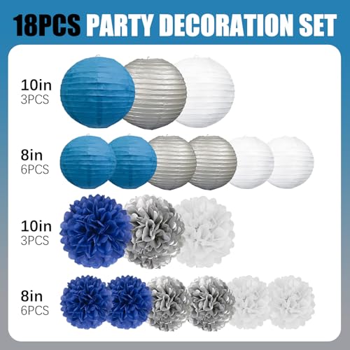 Image of 18 PCS Blue White Silver Paper Lanterns & Tissue Paper Pom Poms for Men's Birthday, Graduation 2026, Wedding, Hanging Paper Decor for Indoor Outdoor Events Theme Party Supplies