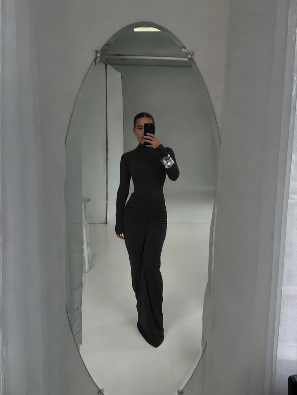 Vestito Donna Elegante Maniche Lunghe Maxi Abito Aderente con Scollo Alto Sexy Vestiti Lungo a Pieghe Abiti da Sera Cerimonia Festa Cocktail Matrimoni Autunno Inverno Casual Bodycon Tubino