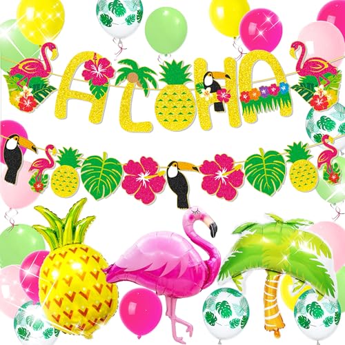 Bannière Luau Hawaï avec ballons de plage pour reussir votre fete de jardin en famille