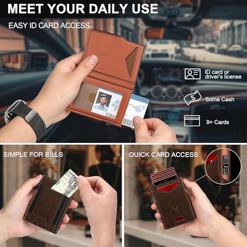 Image of VOGARD Smart Pop-Up Leather Wallet for Men & Women | RFID Blocking Card Holder with Money Clip | Slim Magnetic Bifold Wallet with Quick Access Button - Holds 14 Cards & Cash (Coffee Brown)
