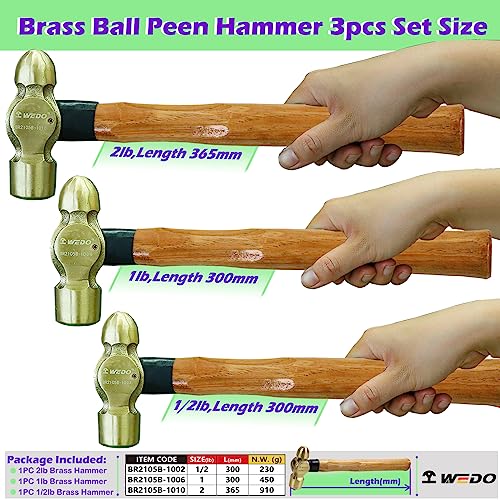 Image of WEDO 3PCS Brass Ball Peen Hammer Set, 8 oz + 16 oz + 24 oz(1 /2lb+1lb+2lb), Brass Ball Pein Hammer Set with Fiberglass Handle, Die-Forged, Corrosion Resistant, DIN Standard