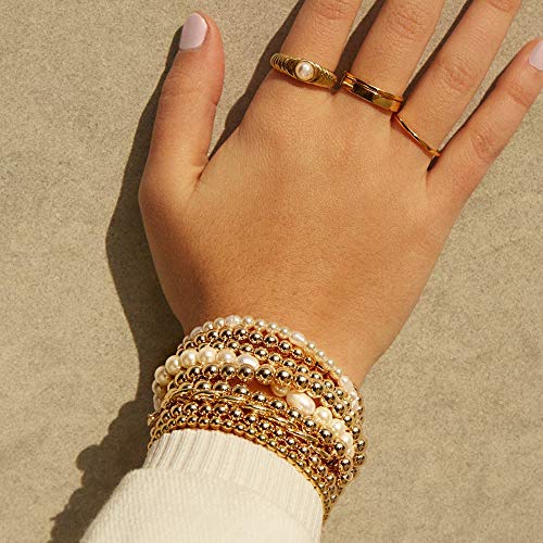 Humano Gold Beaded Bracelets for Women, 18K Gold Plated Bead Ball Layered Bracelets Set Copper Beads Stackable Elastic Stretch Gold Bracelets Fashion Beaded Jewelry (4+4+4+5+6mm) - Image 4
