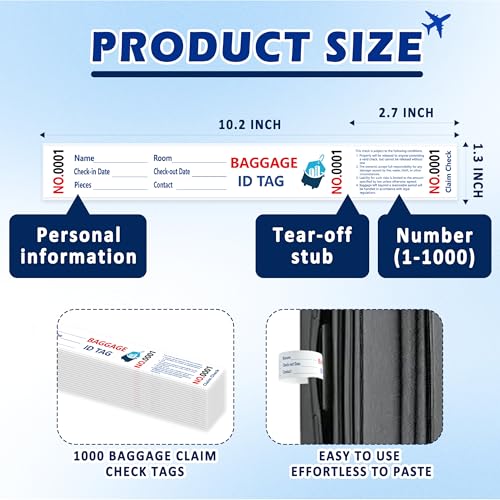 1000 Luggage Tags Hotels Baggage Claim Check Tags with Transfer Tape Serial Numbering (1-1000) Paper Luggage Tags Hotel Luggage Claim Bag Tags Claim Tickets for Hotel Luggage Identification (1)2