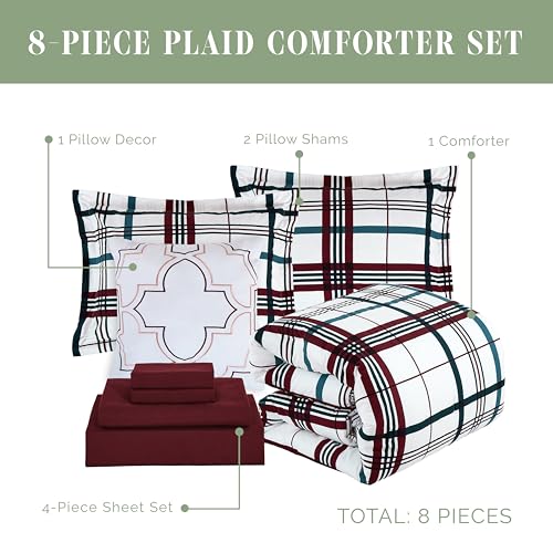 Image of Elegant Comfort 8-Piece Lodge Plaid Reversible Comforter Set - All Season Bed in a Bag, 4-Piece Sheet Set Featuring Smart Pockets, Matching Shams and Decorative Pillow, King /California King, Burgundy
