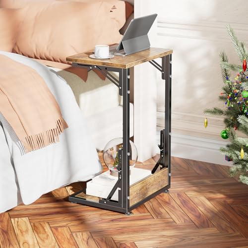 Mesa auxiliar plegable en C de dormitorio marron rustico de sofa 3