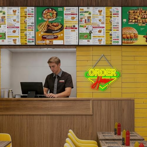 Image of Order Here Neon Sign Coffee Store Colorful Wall Light for Restaurant Decor | 16.1IN*10.6IN,Five level brightness adjustment,USB powered,For Coffee Kitchen Corner Club Window Decor,Party Gifts