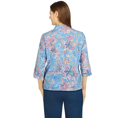Alfred Dunner Classic Button Down Shirt Paisley Cotton Polyester 3/4 Sleeve Multi #TOP1