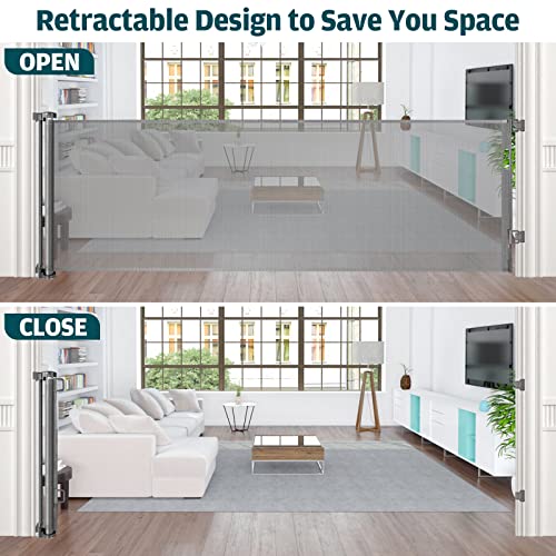 120 Inch Extra Wide Baby Gates For Large Openings, Retractable Baby Gates 34” Tall, Extra Long Baby Gate Child Gates For Wide Openings Large Dog Gate For Doorways Long Dog Gate Indoor Outdoor, Grey #TOP1