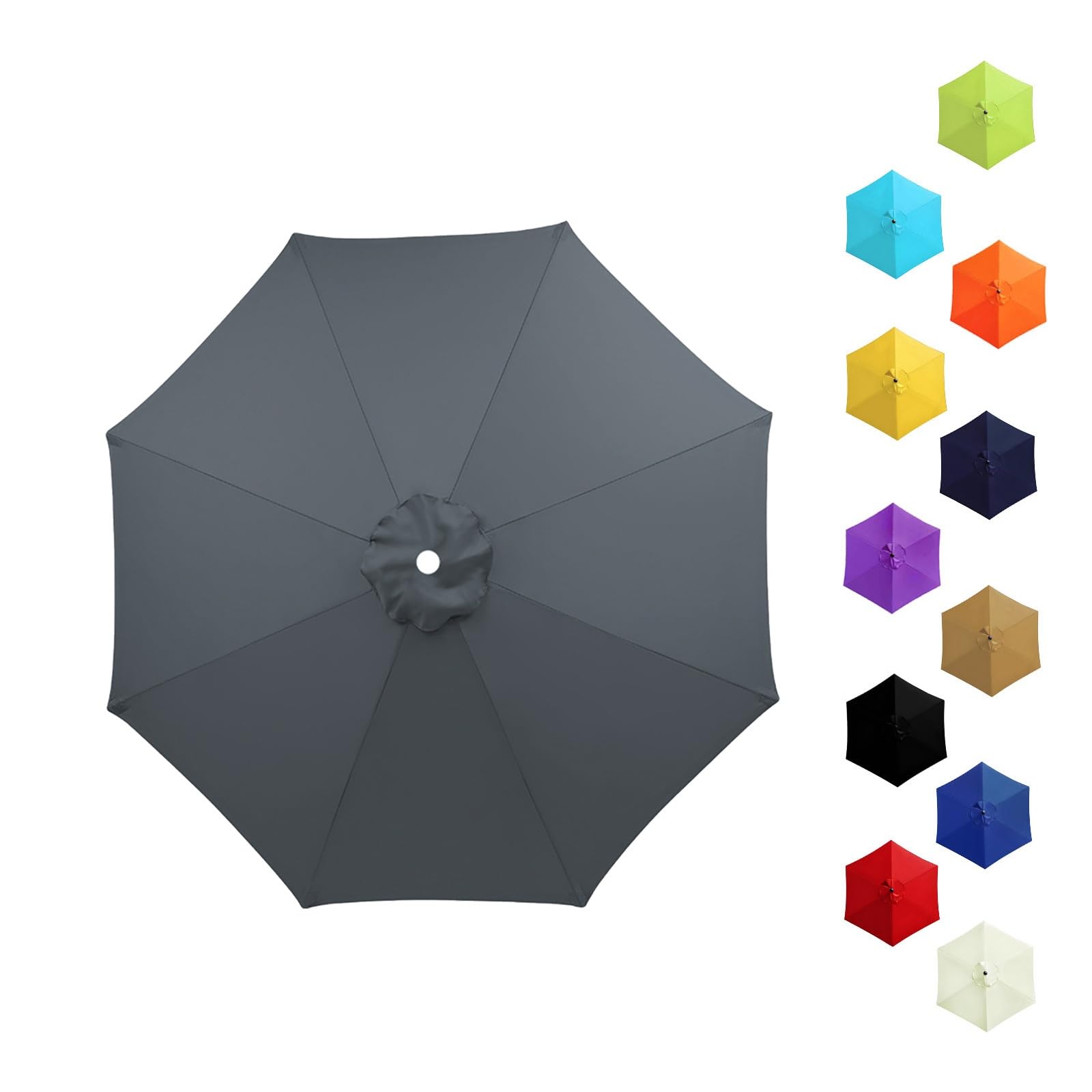 Garden Replacement Parasol Canopy 6/8 Ribs, 2.0m 2.15m 2.30m 2.5m 2.7m 3.0m 3.5m Anti-UV Patio Umbrella Replacement Canvas, Waterproof Parasol Fabric Cover for Market(Gray,2.7m/8 Arms)