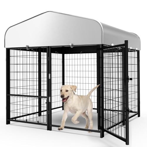 Guiferland Dog Kennel Outdoor, Weatherproof Outside Dog Kennel with Roof & Removable Dog Door, Outdoor Kennels Dog Enclosure Run for Small Medium Dogs (4'L x 4'W x 4.6'H)
