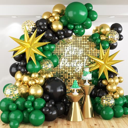 Image of Dark Green and Black Balloon Arch Kit with Explosion Star Balloons, 123pcs Emerald Green and Confetti Gold Balloon Garland for Birthday Anniversary Bachelorette Grad Father's Day Party Decorations