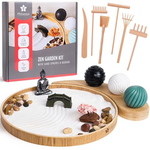 Zen Garden for Desk – Mini Zen Garden Kit for Calming Stress & Relaxing - Japanese Sand Box with Tray, Buddha, Tree, Sand, Rakes, Pebbles & Balls – Sensory Relaxation Gift for Home & Office Decor