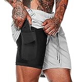 HANERDUN Men 2 in 1 Workout Running Athletic Shorts Sport Pants with Pocket Light Gray