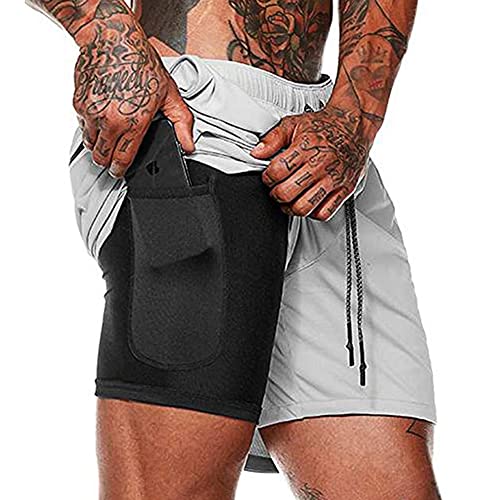 Hanerdun Men 2 In 1 Workout Running Athletic Shorts Sport Pants With Pocket Light Gray #TOP13