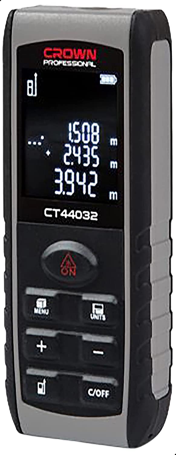 Front view of the Crown CT44032 Digital Laser Distance Meter, showing the display and control buttons.