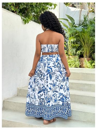 Girl's Tropical Floral Vacation Halter Dresses Cut Out Sleeveless Split Smocked Maxi Dress2