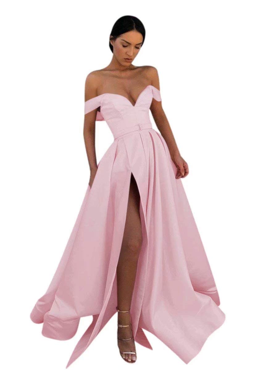 Andybridal Women's Formal Off Shoulder V Neck Slit Satin Long Evening Party Gowns Prom Dress