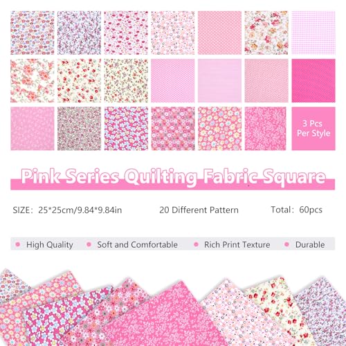 Image of Cotton Fabric, 60 Pcs Pink Series Cotton Quilting Fabric for Sewing | Fabric Squares 10x10 Plaid Stripe Floral Printed Print Fabric Squares for DIY Sewing Cutting Patchwork Crafts