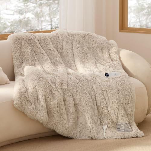 Image of Bedsure Faux Fur Heated Blanket Throw, Long-Pile Electric Blanket, Beige