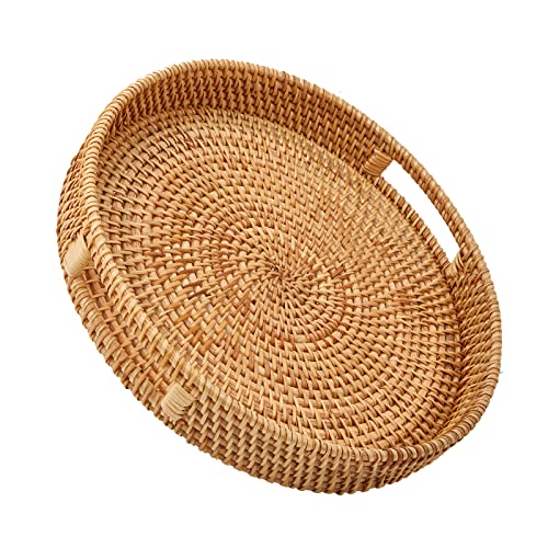 Image of Whalehub Round Rattan Serving Tray with Handles, Hand Woven Basket, Home Decor Organizer Tray for Breakfast, Tea, Snack, Fruit, Coffee,Storage (Medium)(11.9inchX1.7inch)