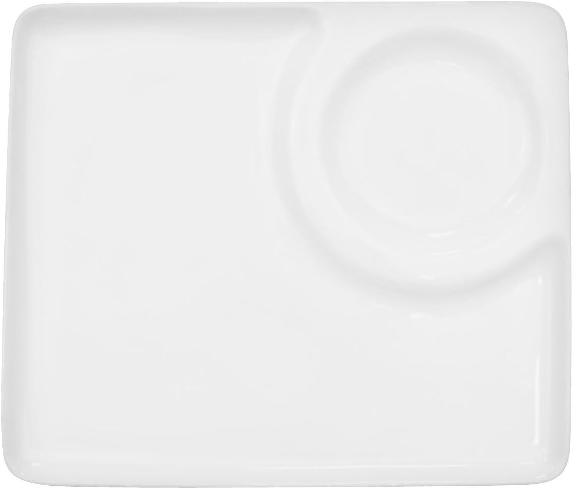CAC China RCN-P9 Clinton Rolled Edge 9-Inch Porcelain Square Plate with Round Sauce Compartment, Super White, Box of 24
