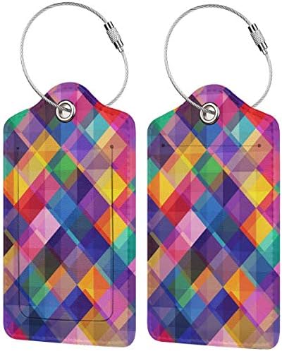 COWDIY PU Leather-based Baggage Tag, Colourful Geometric Sample Suitcase Baggage Label Tags, Enterprise ID Card Holders Presents for Travels Set of two (Orange)