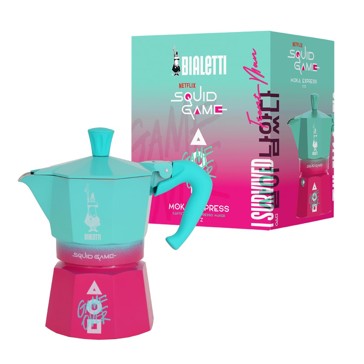 Bialetti Moka Express Squid Game© 3 Tassen, Verbrühungssicherer Griff, Nicht für Induktion geeignet, 130 ml, Aluminium