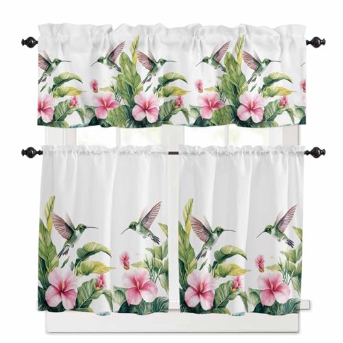 Flowers Leaves Kitchen Curtains 36 Inch Length,3 Piece Rod Pocket Small Half Tiers and Valance Set,Summer Tropical Palm Plants Birds Animals Small Large Window Treatment Decor for Bedroom/Bathroom